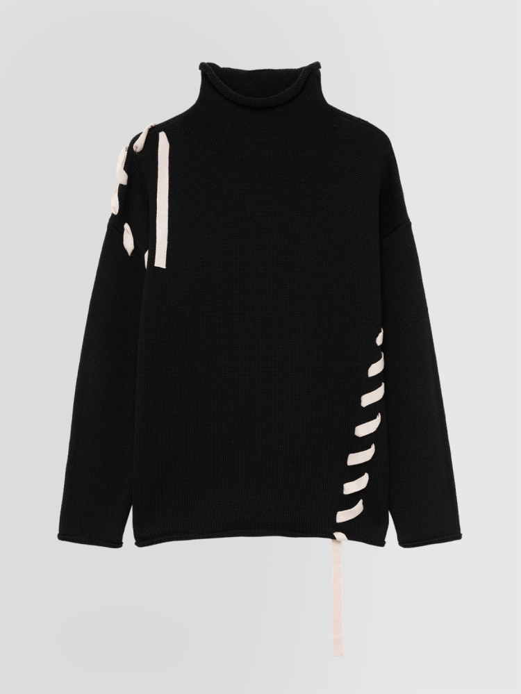 TAPE-DETAIL STAND-UP COLLAR SWEATER