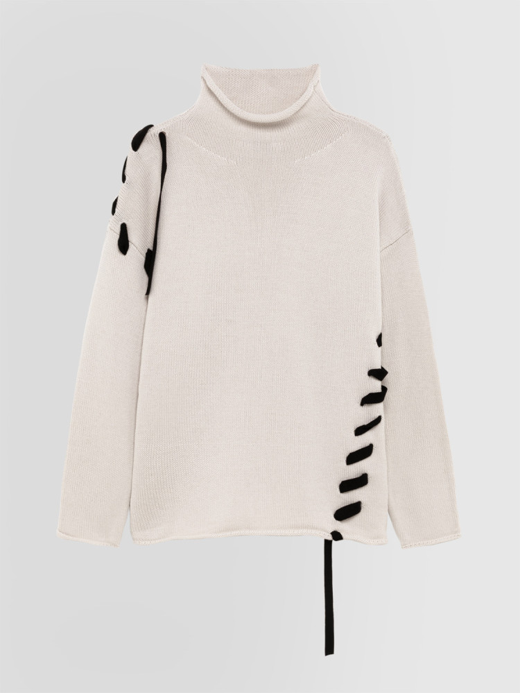 TAPE-DETAIL STAND-UP COLLAR SWEATER