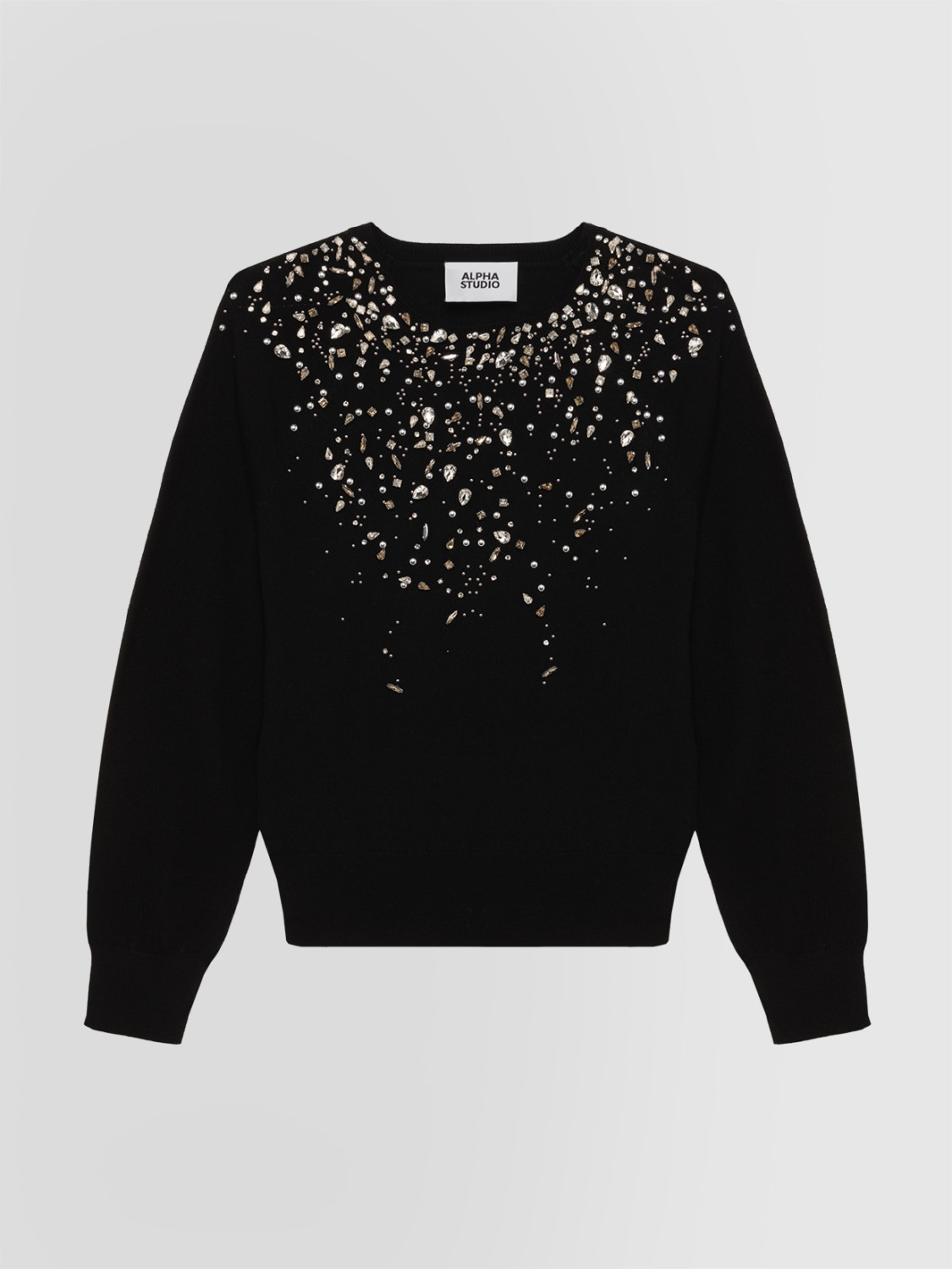 ALPHA STUDIO: CREW NECK SWEATER WITH STUDS AND RHINESTONES