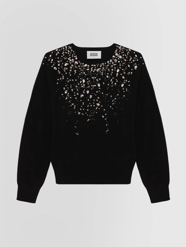 CREW NECK SWEATER WITH STUDS AND RHINESTONES