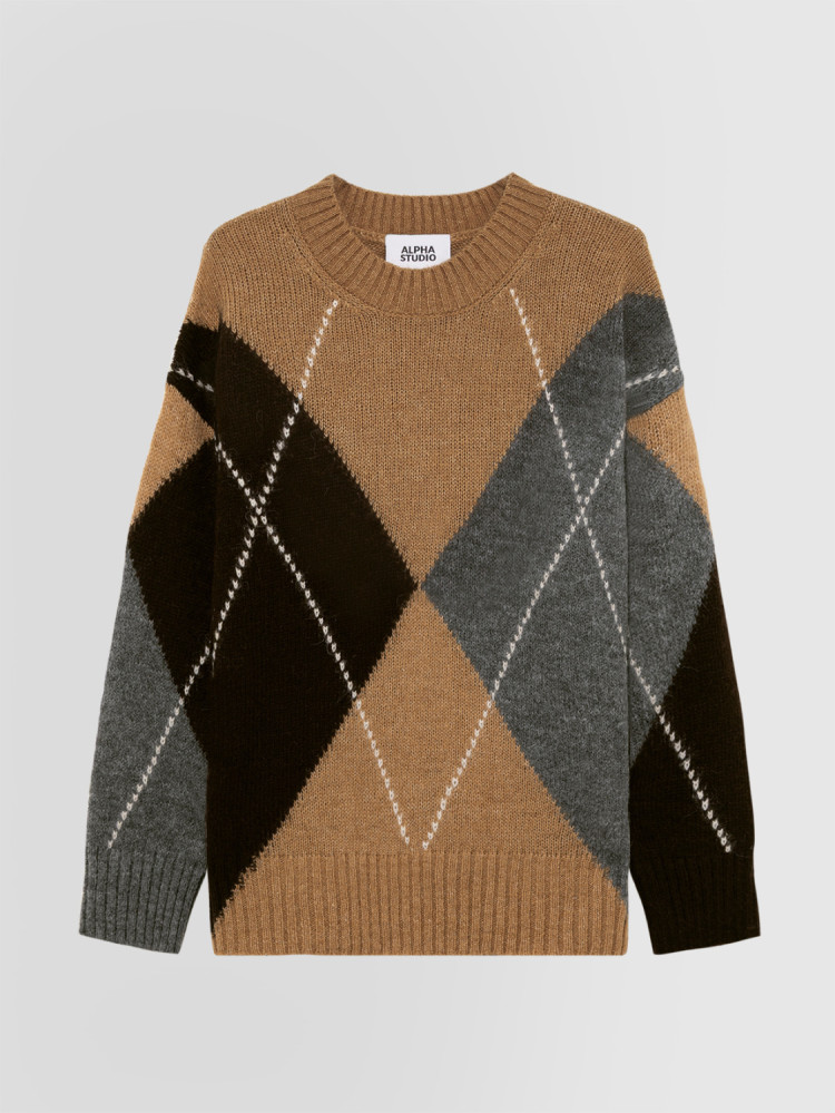 ARGYLE INTARSIA CREW NECK SWEATER