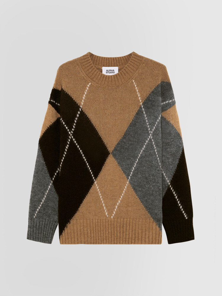 ARGYLE INTARSIA CREW NECK SWEATER