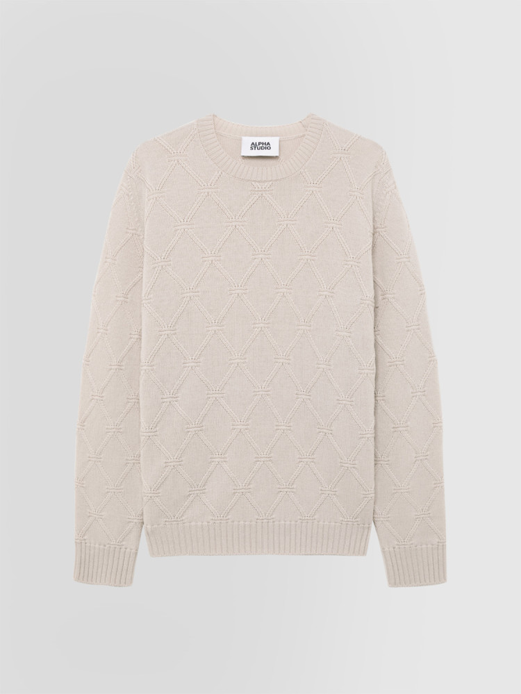 DIAMOND-STITCH CREW NECK SWEATER IN MERINO WOOL