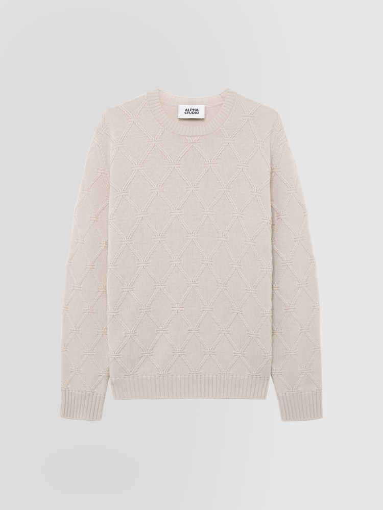 DIAMOND-STITCH CREW NECK SWEATER IN MERINO WOOL