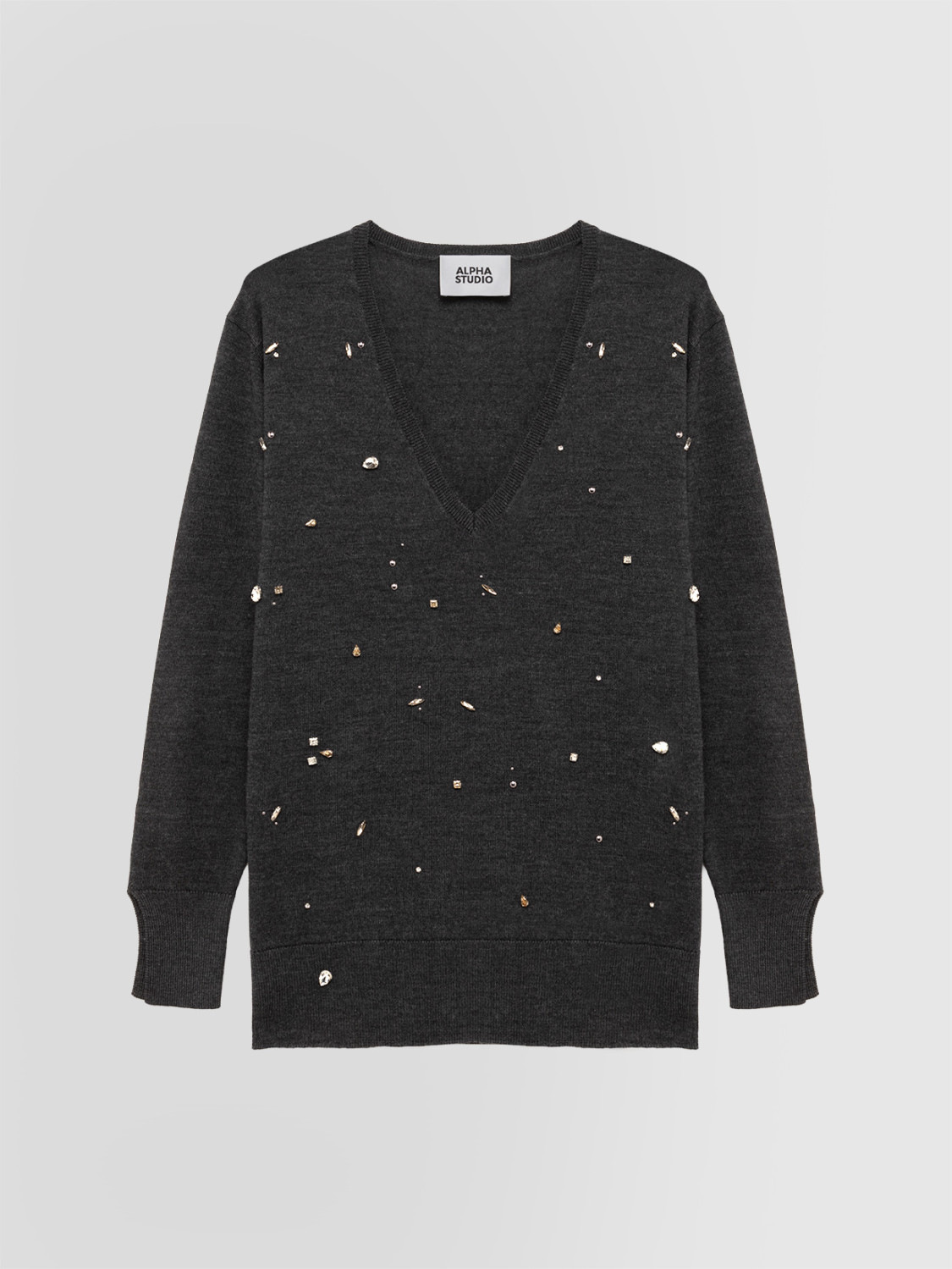 ALPHA STUDIO: V-NECK SWEATER WITH STUDS AND RHINESTONES