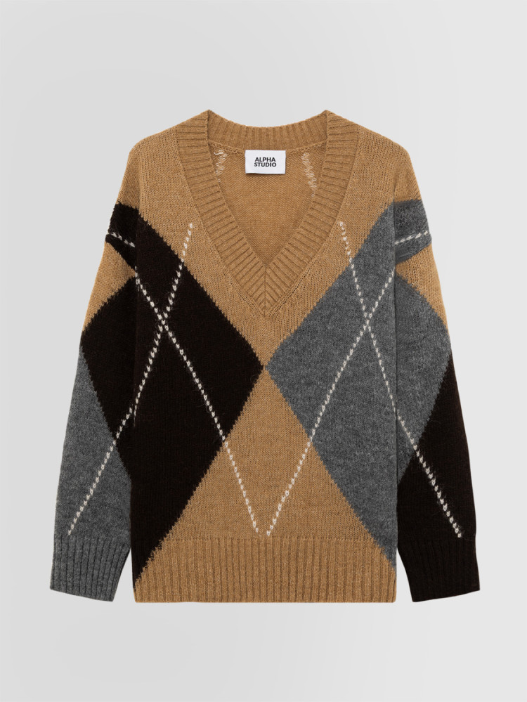 ARGYLE INTARSIA V-NECK SWEATER