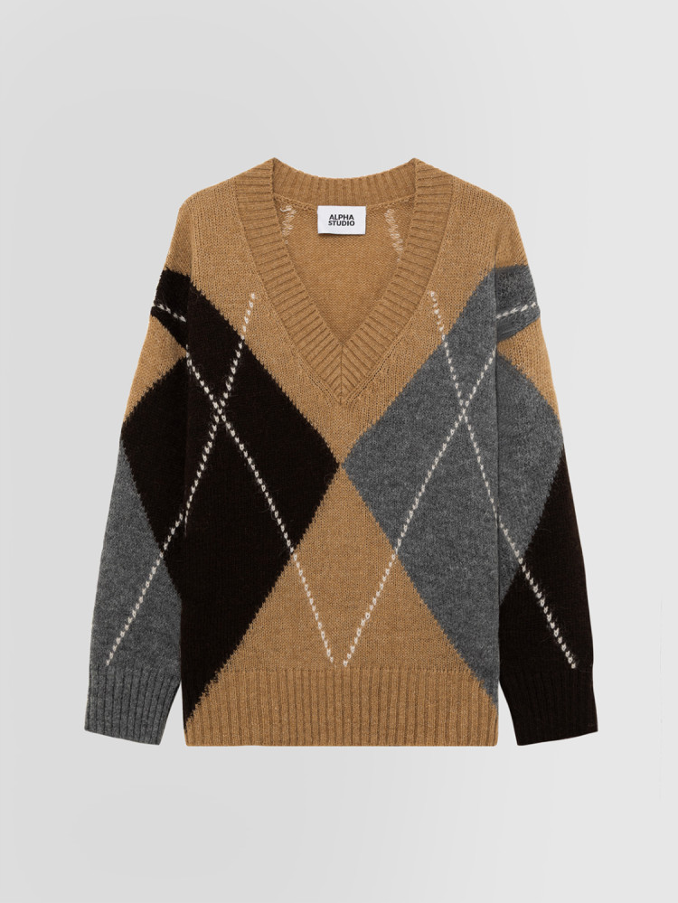 ARGYLE INTARSIA V-NECK SWEATER