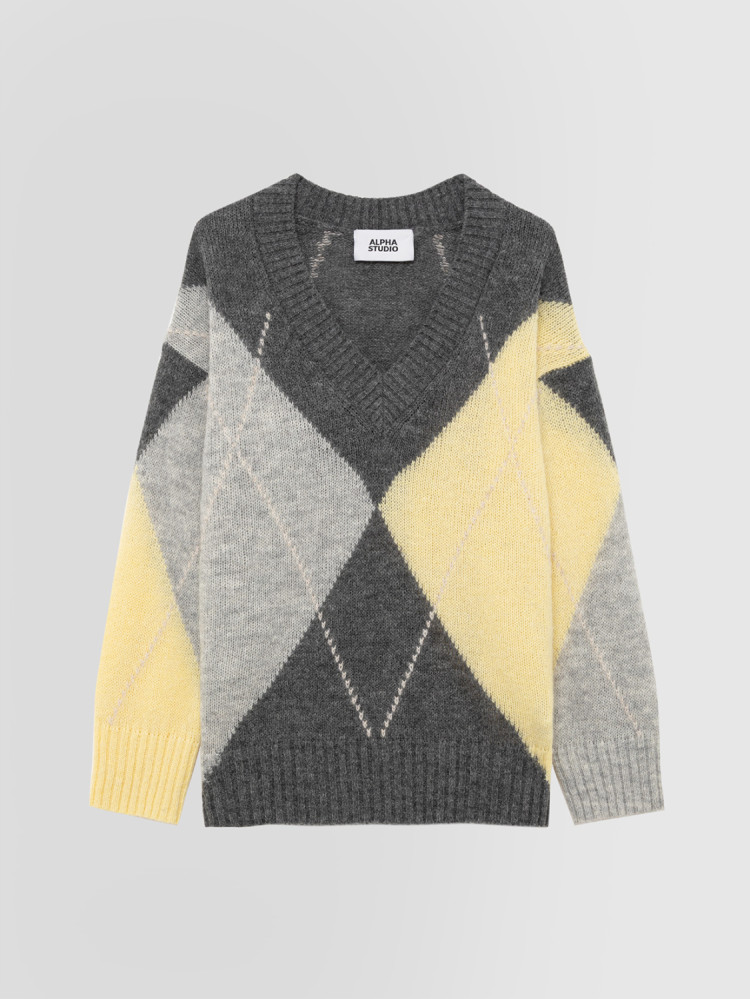 ARGYLE INTARSIA V-NECK SWEATER