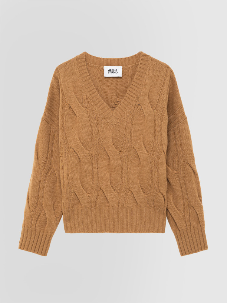 BOXY V-NECK SWEATER WITH CABLES