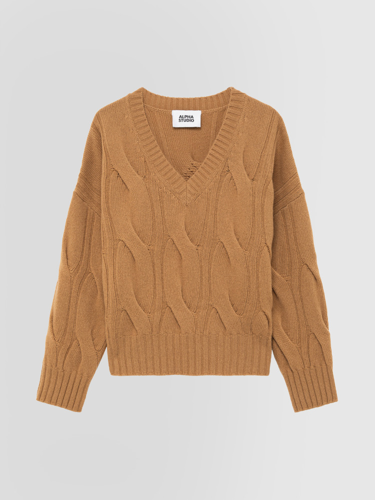 BOXY V-NECK SWEATER WITH CABLES