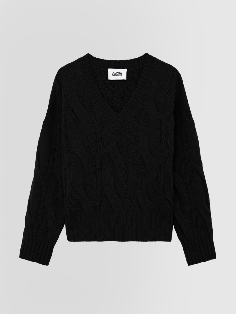 BOXY V-NECK SWEATER WITH CABLES