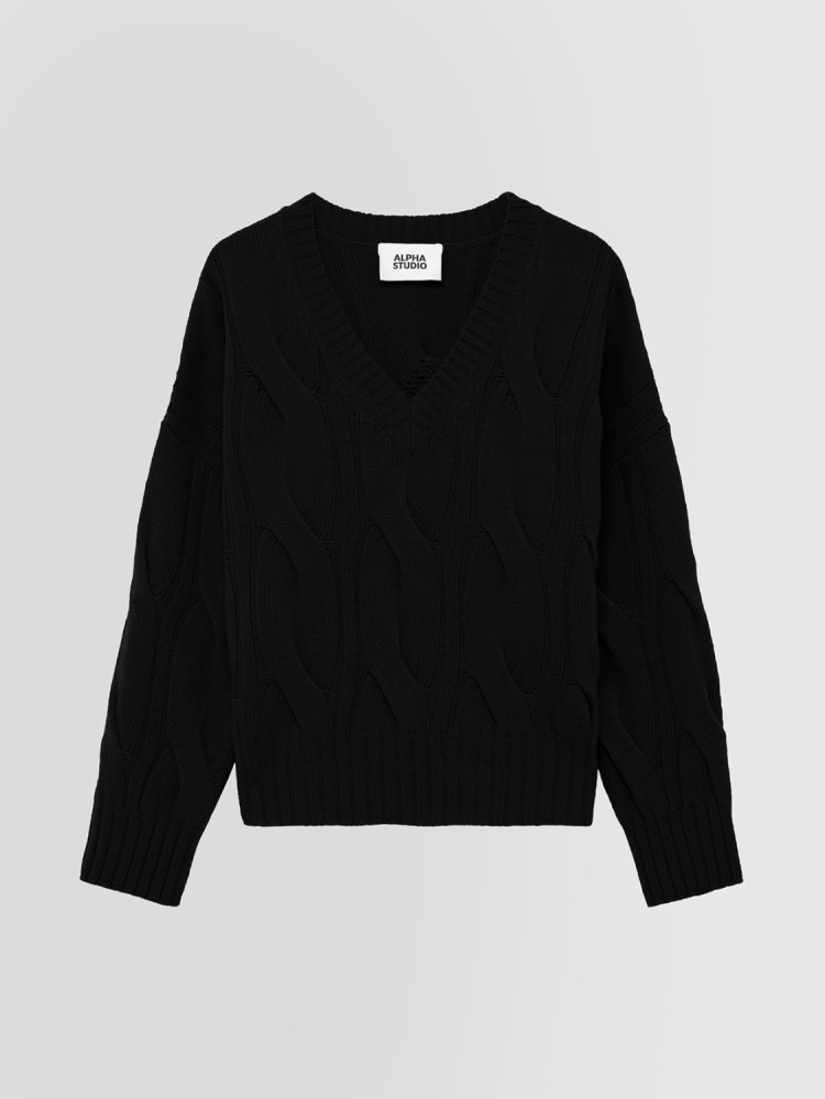 BOXY V-NECK SWEATER WITH CABLES