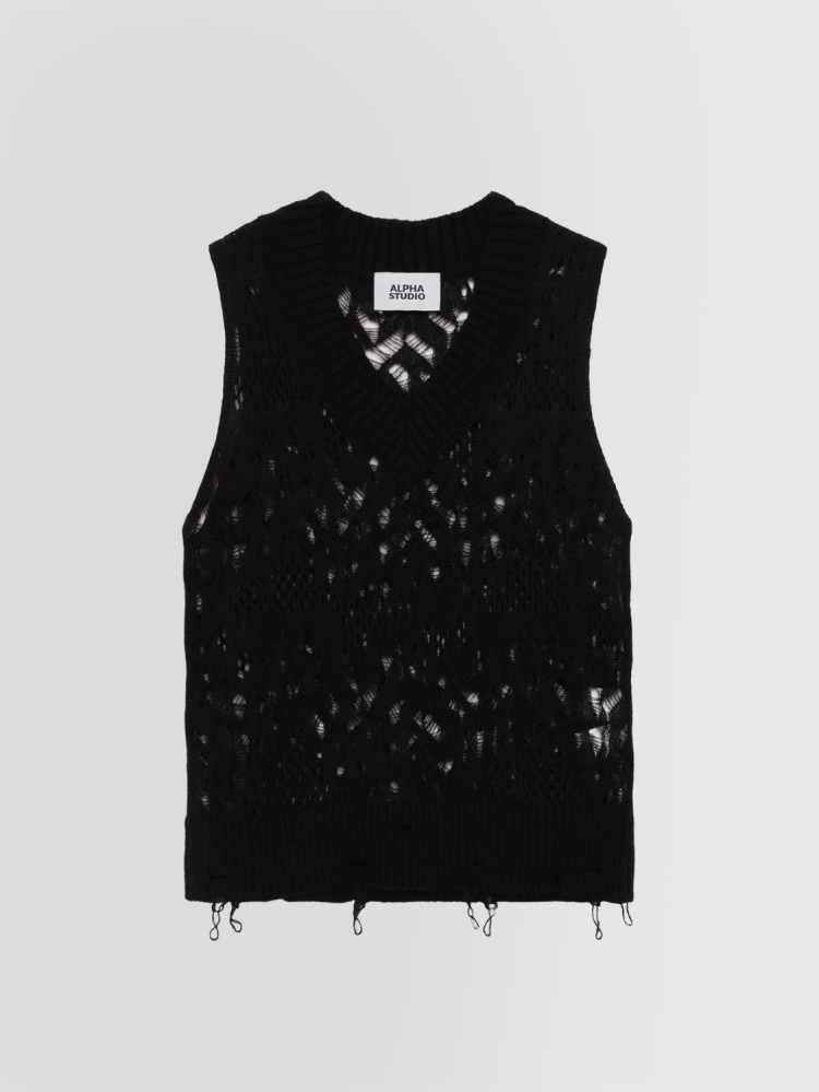 SLEEVELESS LACE-STITCH V-NECK SWEATER