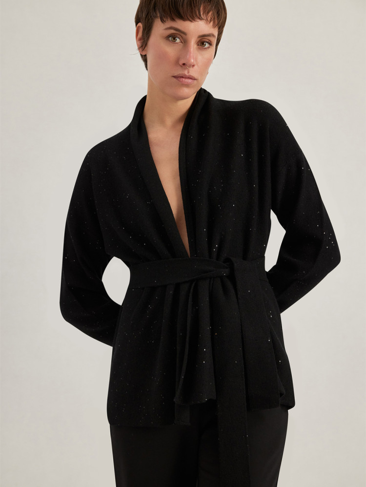 BELTED CARDIGAN WITH SEQUINS