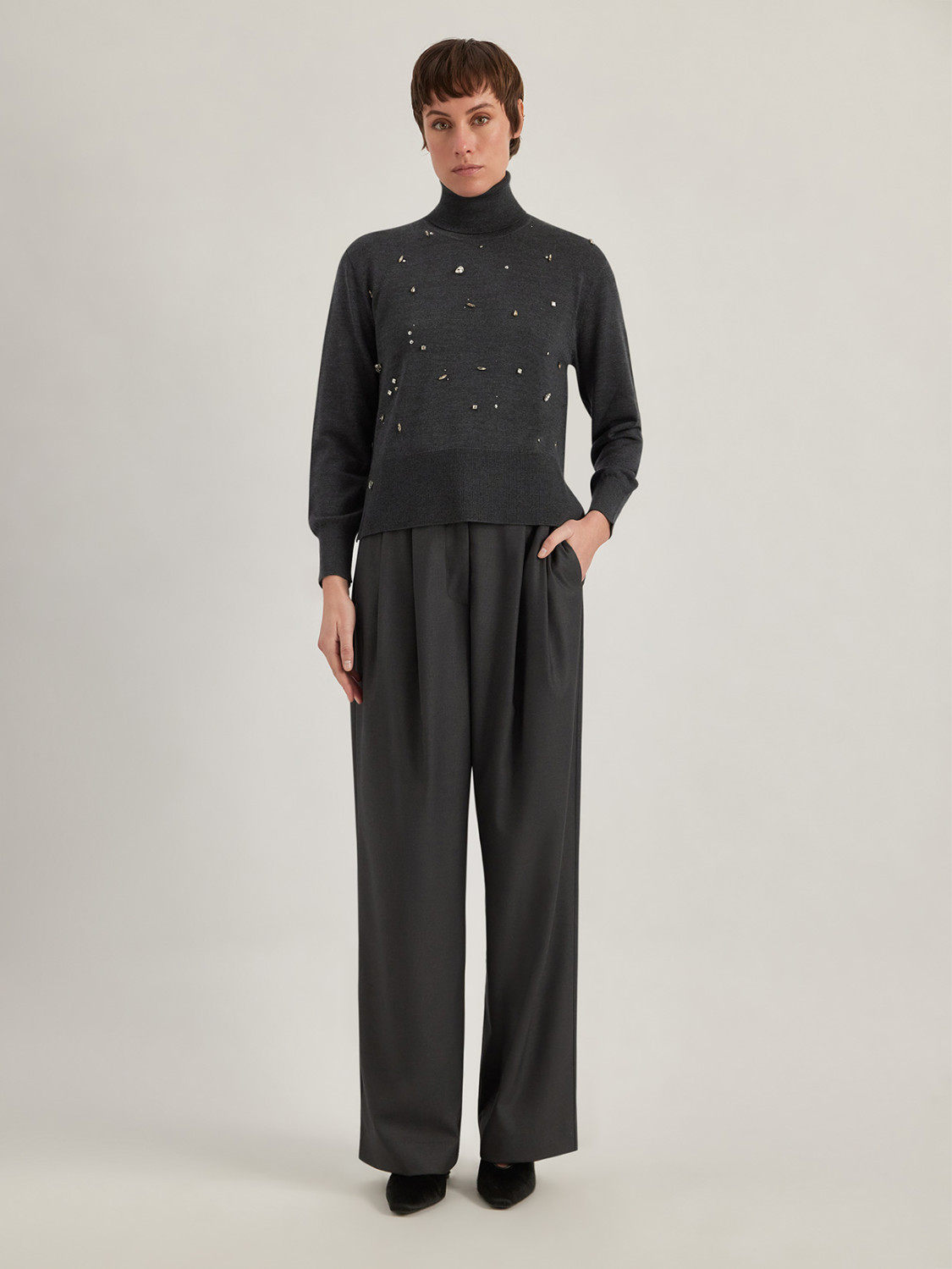 ALPHA STUDIO: TURTLENECK SWEATER WITH STUDS AND RHINESTONES