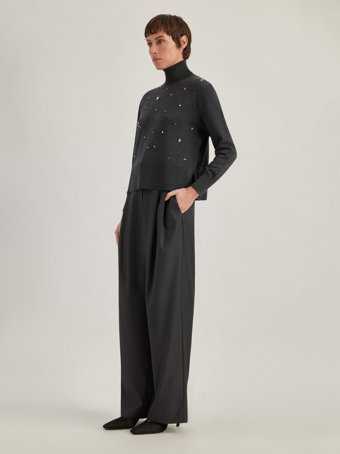 ALPHA STUDIO: TURTLENECK SWEATER WITH STUDS AND RHINESTONES