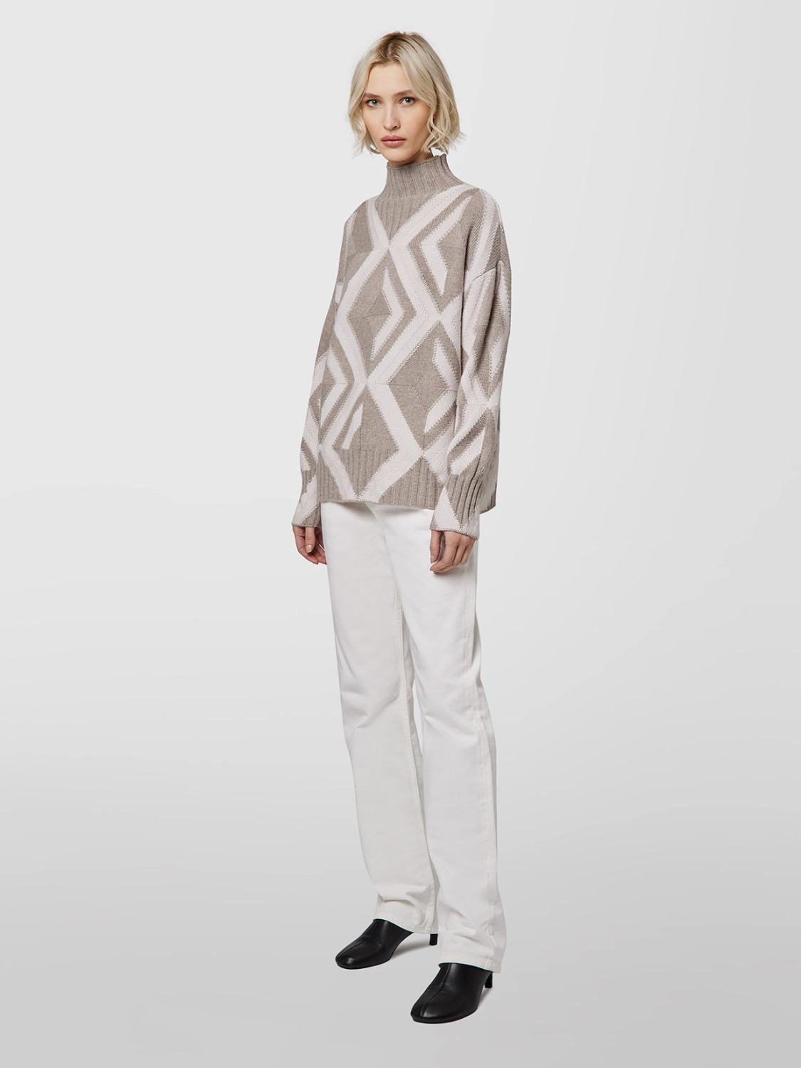ALPHA STUDIO: MACRO RHOMBUS HIGH NECK SWEATER WITH INLAYS