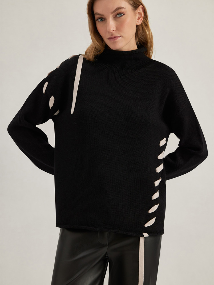 TAPE-DETAIL STAND-UP COLLAR SWEATER