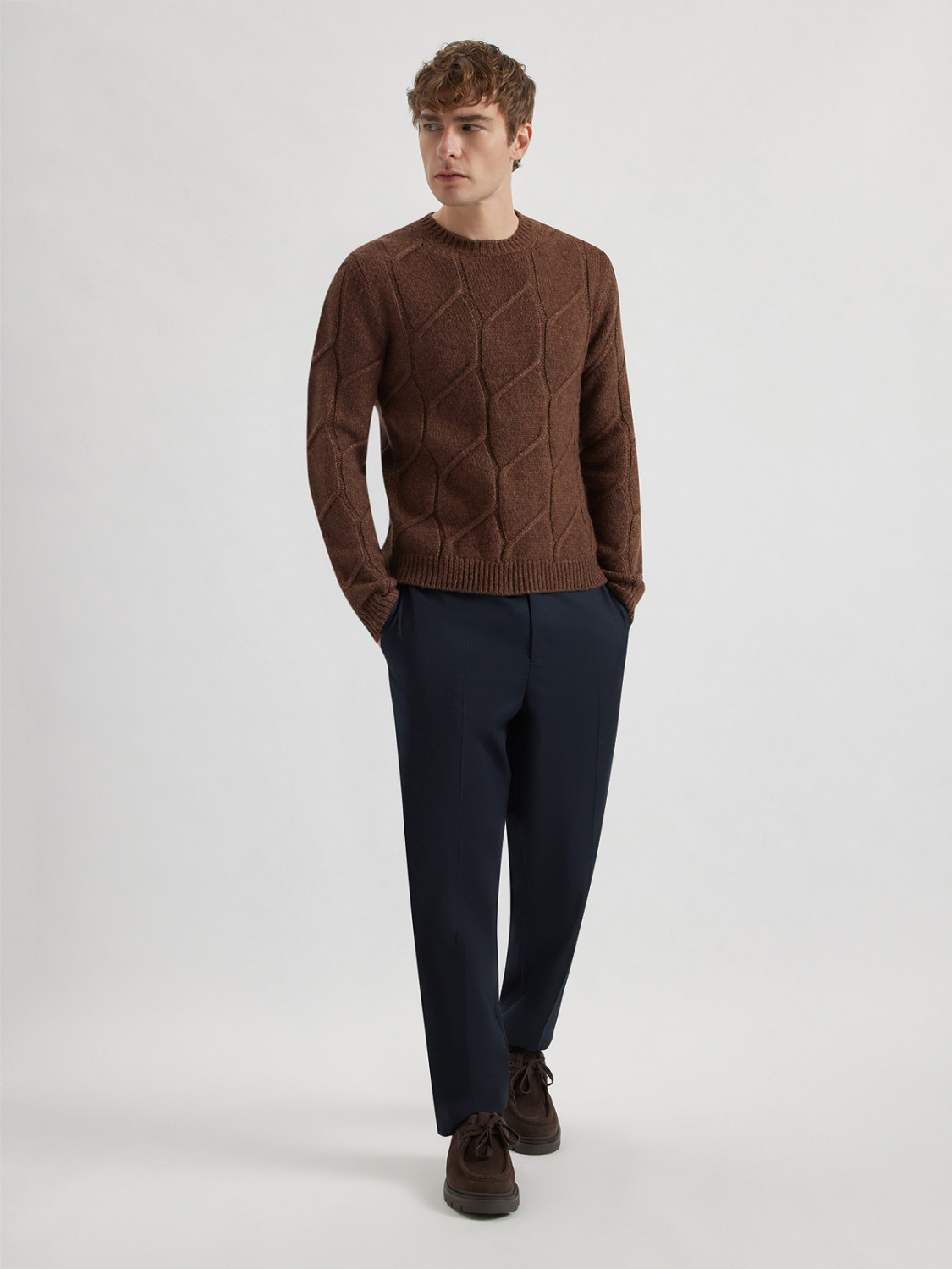 ALPHA STUDIO: ARAN CREW NECK SWEATER IN VIRGIN WOOL