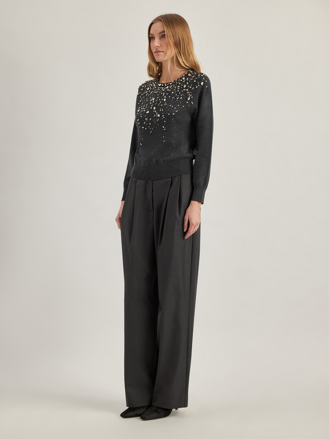 ALPHA STUDIO: CREW NECK SWEATER WITH STUDS AND RHINESTONES