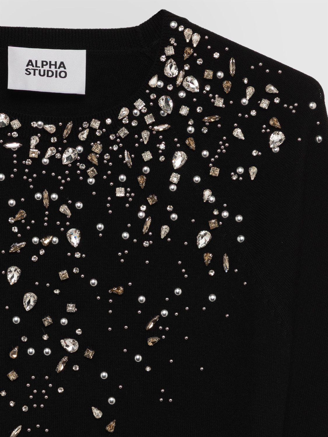 ALPHA STUDIO: CREW NECK SWEATER WITH STUDS AND RHINESTONES