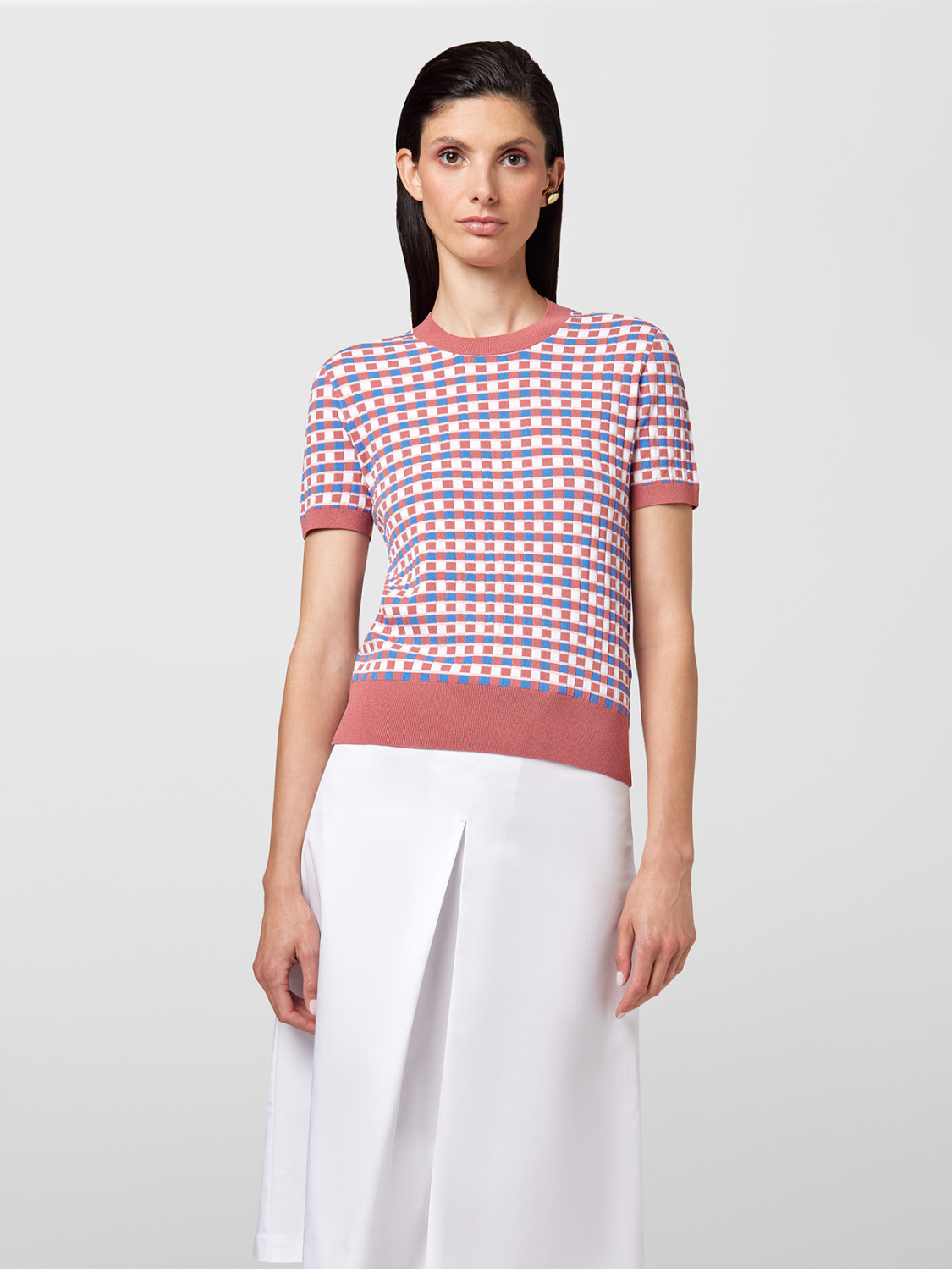 ALPHA STUDIO: JACQUARD CHECK CREW NECK