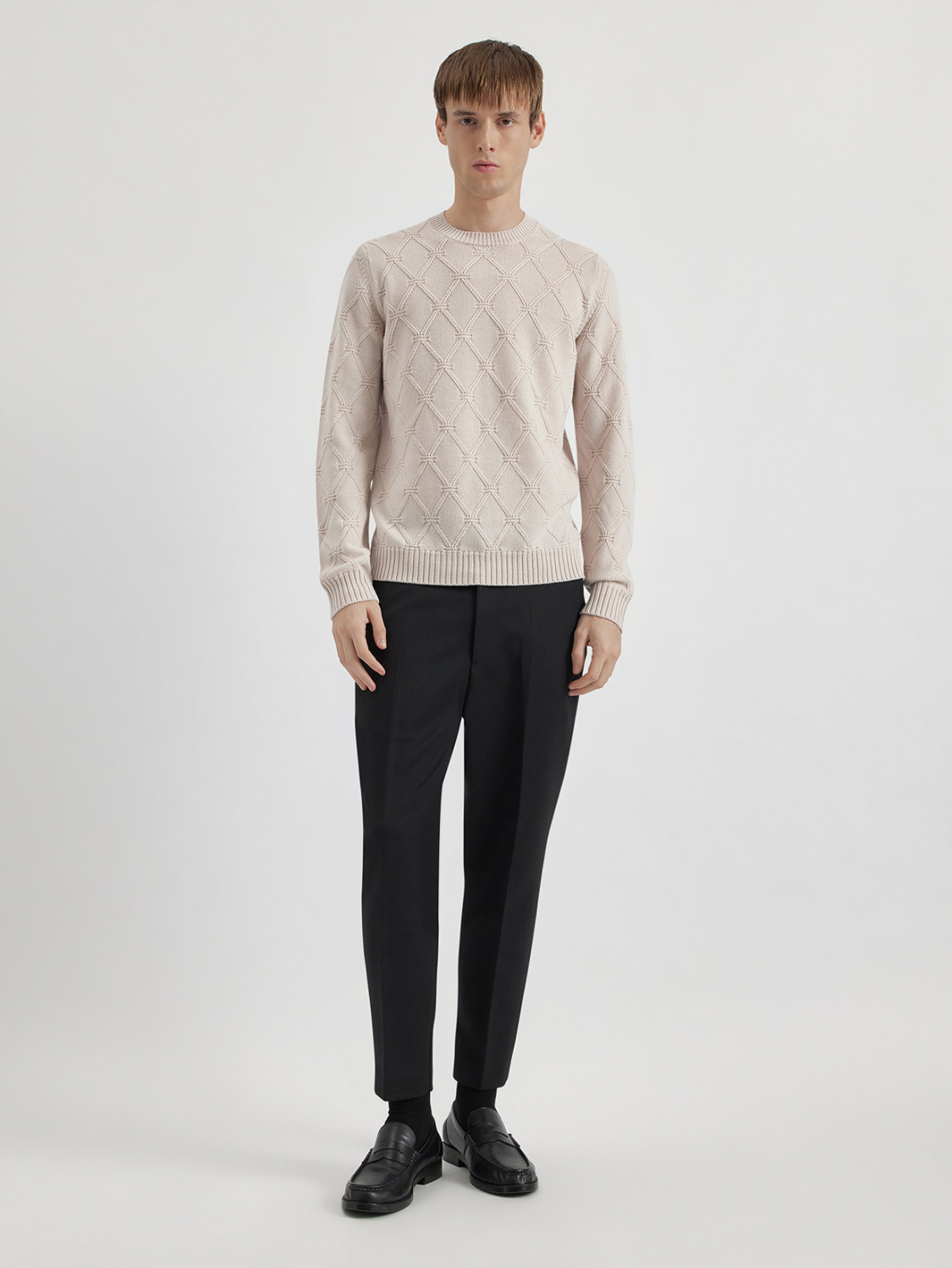 ALPHA STUDIO: DIAMOND-STITCH CREW NECK SWEATER IN MERINO WOOL