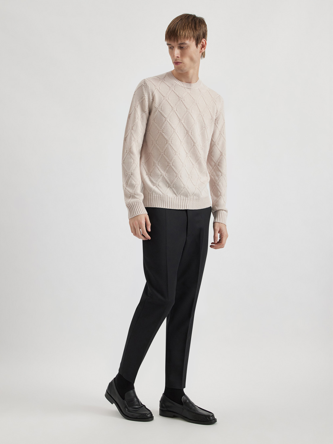 ALPHA STUDIO: DIAMOND-STITCH CREW NECK SWEATER IN MERINO WOOL