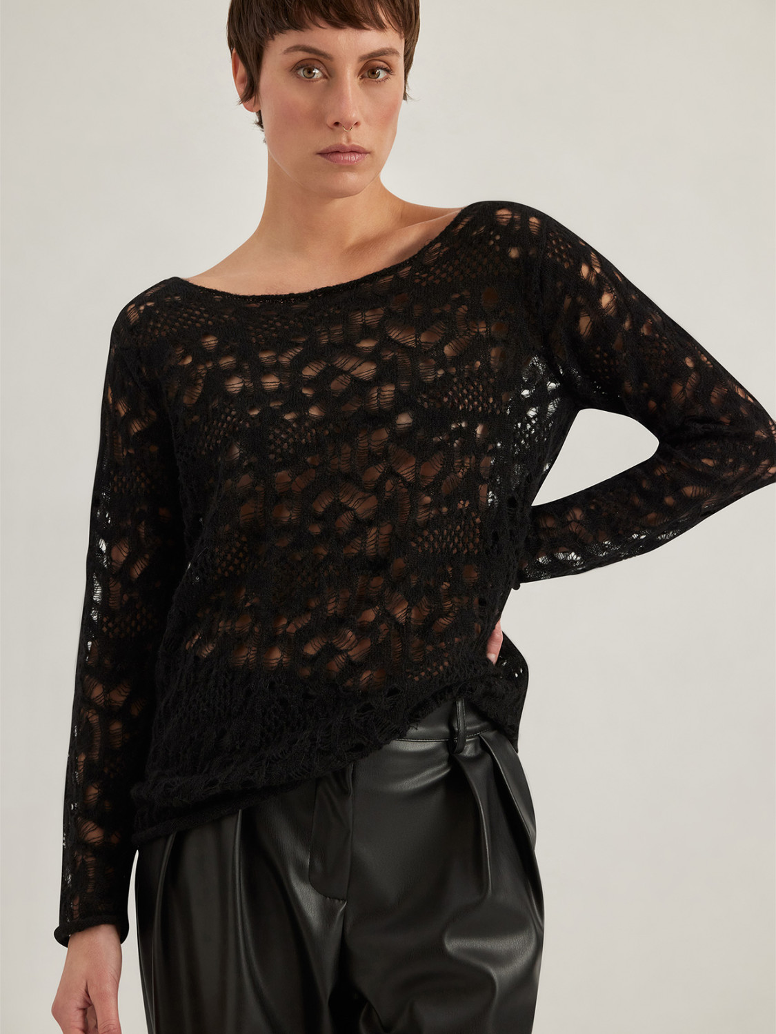 ALPHA STUDIO: LACE-STITCH CREW NECK SWEATER