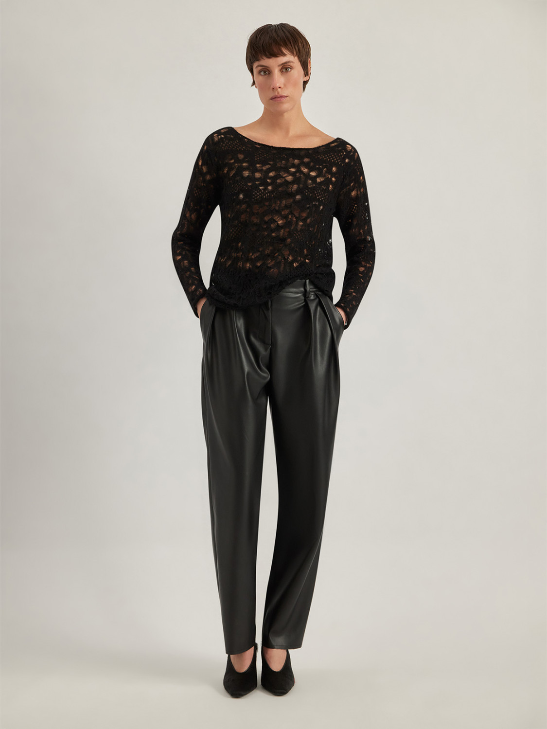 ALPHA STUDIO: LACE-STITCH CREW NECK SWEATER