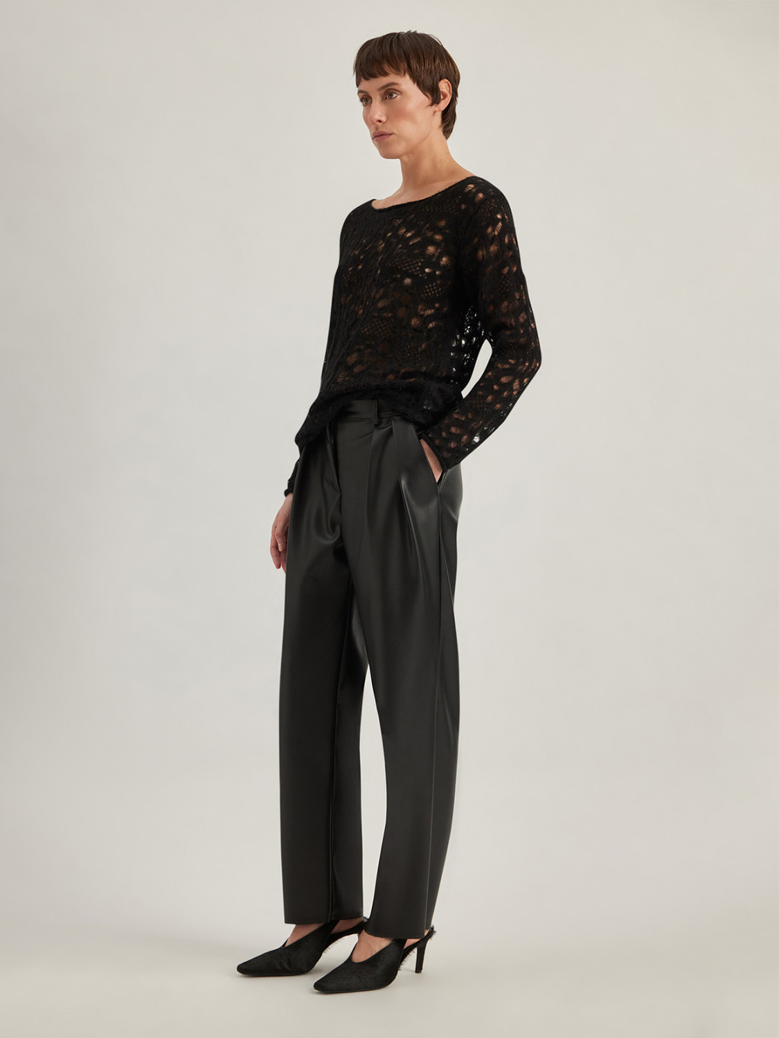 ALPHA STUDIO: LACE-STITCH CREW NECK SWEATER