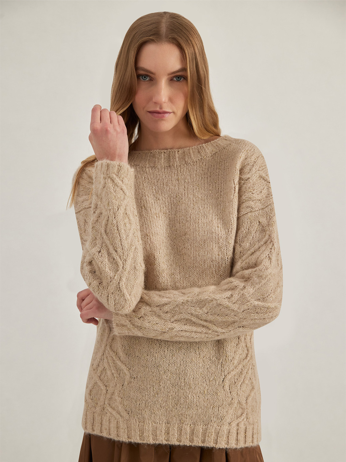 ALPHA STUDIO: METALLIC BOAT NECK SWEATER IN ALPACA