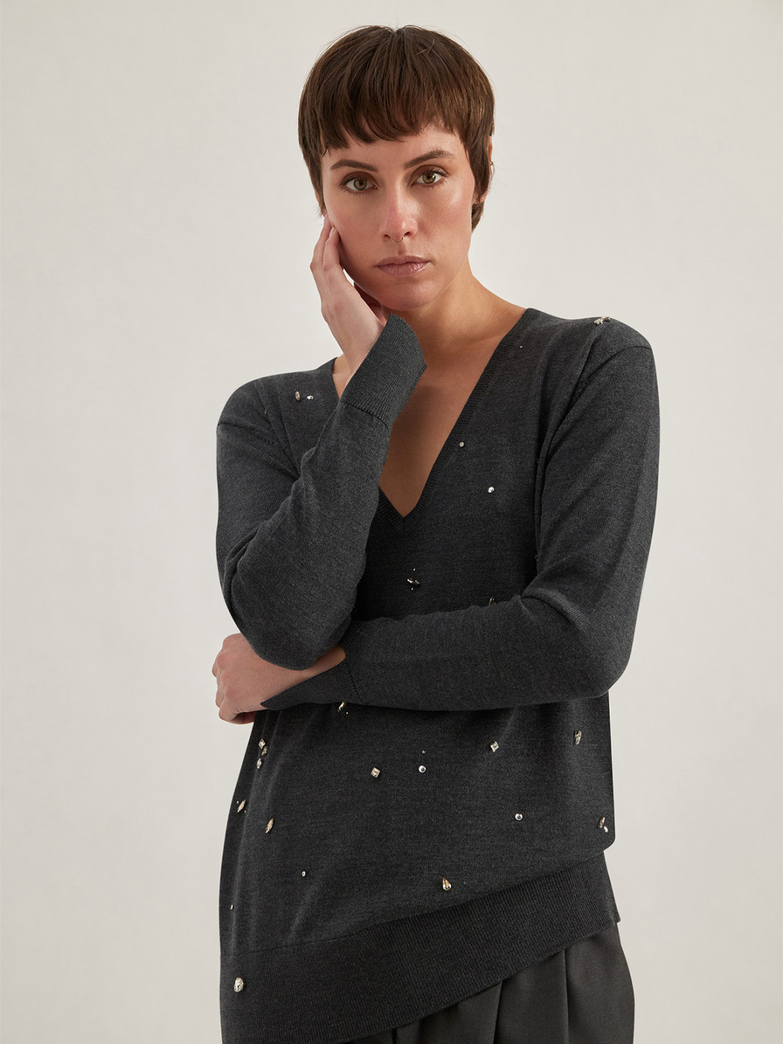 ALPHA STUDIO: V-NECK SWEATER WITH STUDS AND RHINESTONES