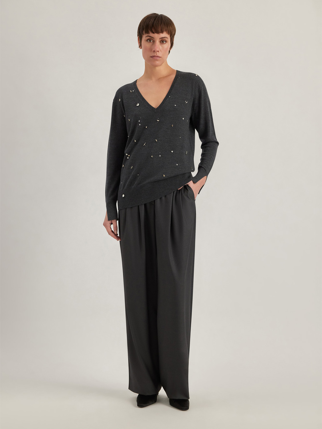 ALPHA STUDIO: V-NECK SWEATER WITH STUDS AND RHINESTONES