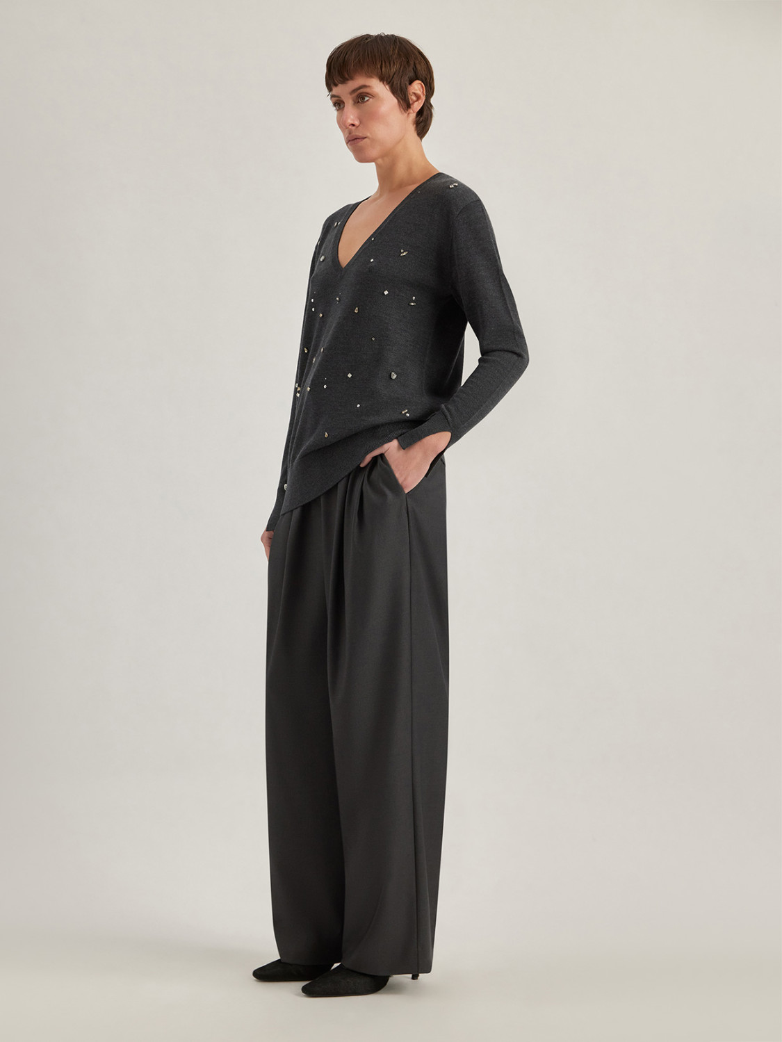 ALPHA STUDIO: V-NECK SWEATER WITH STUDS AND RHINESTONES