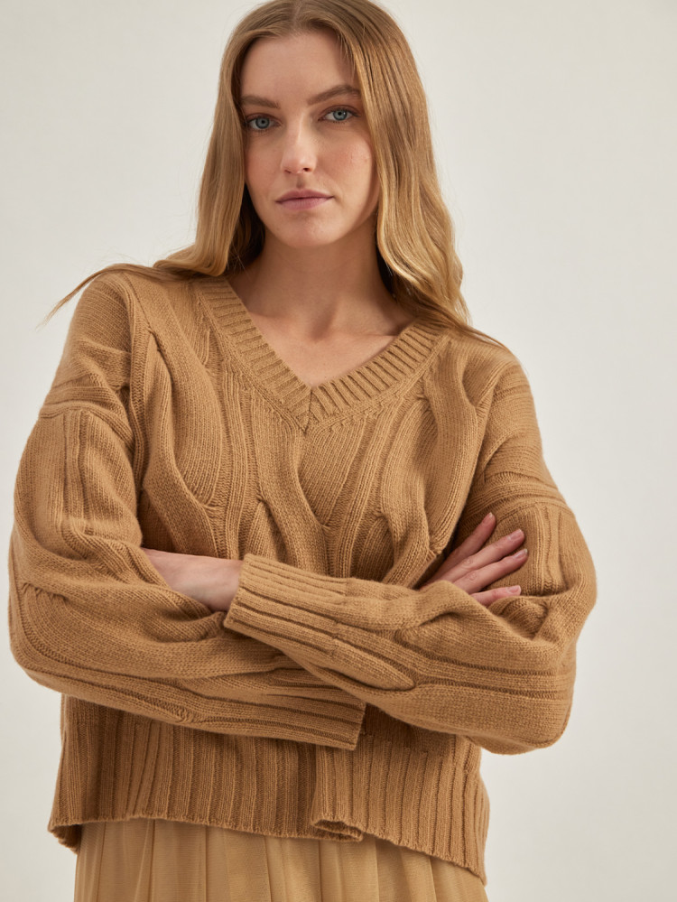 BOXY V-NECK SWEATER WITH CABLES